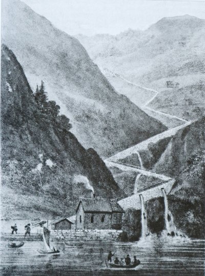 Vestlandske Main Road Eastward from Fedafjorden, Rørvikkleven. Lithograph by Peter Frederik Wergmann